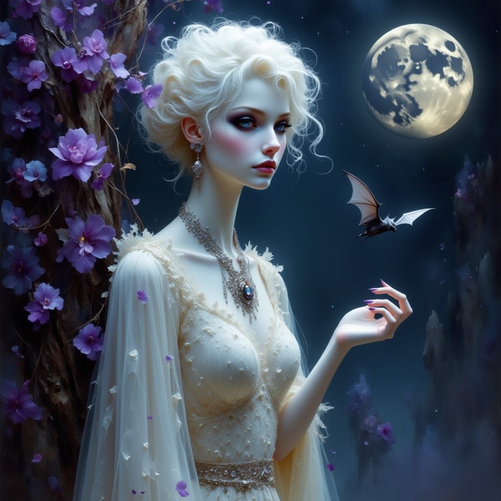 Gothic Vampire with Bat in Dreamy Landscape