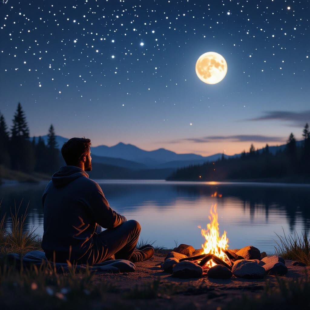 Man Beside Lake Gazing at Starry Night Sky