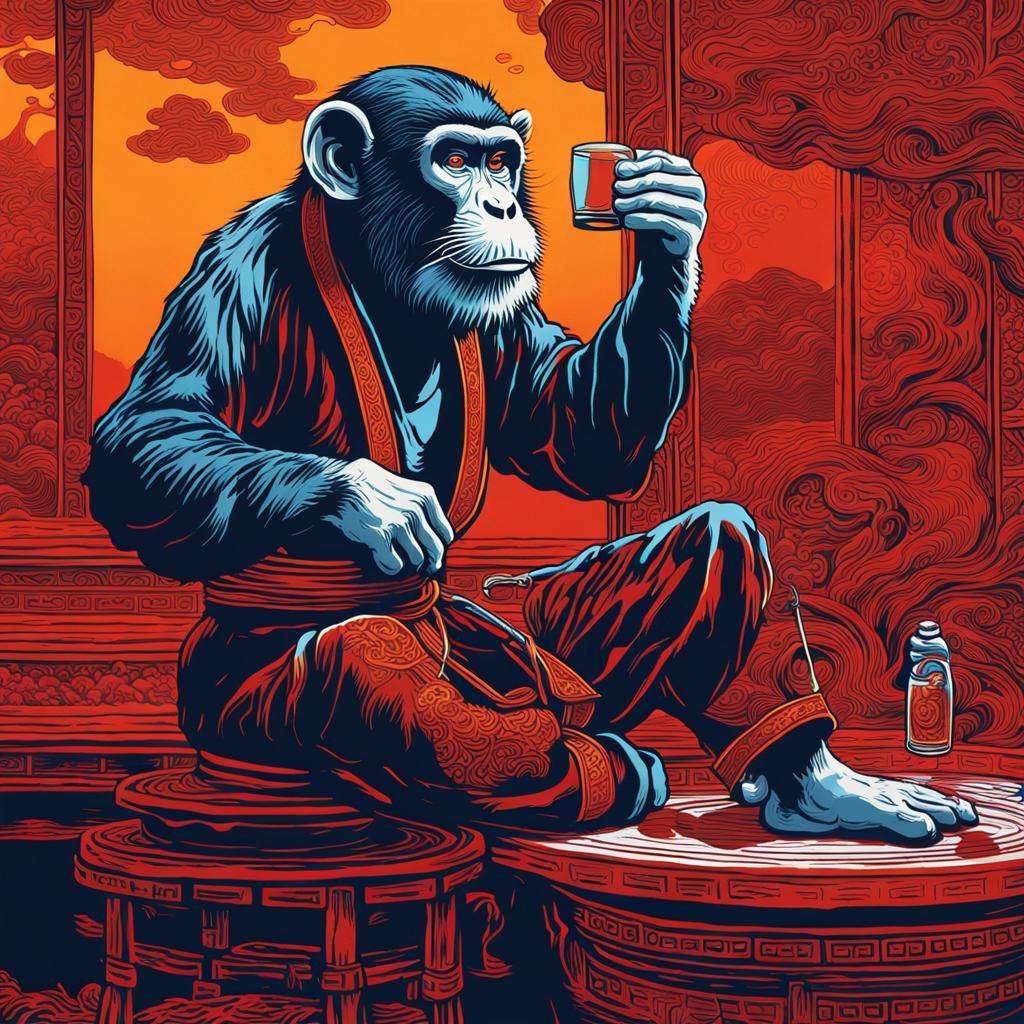 Monkey Martial Artist Drinks: Oriental Matte Painting
