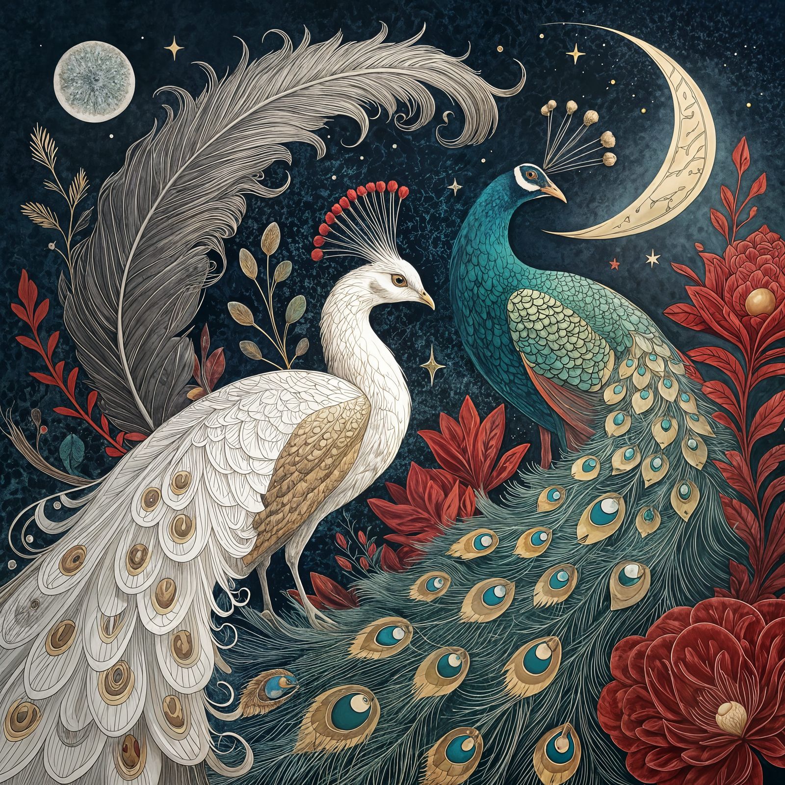 Luxurious Peacocks Dance Amidst Cosmic Luxury