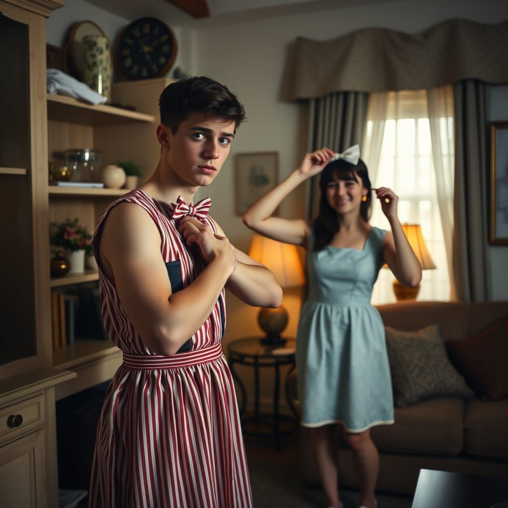 Worried Young Man in Dorothy Dress Dusting Shelves