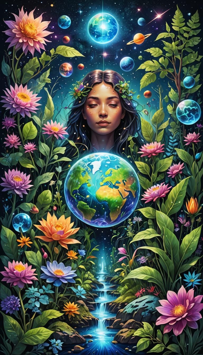 Cosmic Nature Illustration in Pablo Amaringo Style