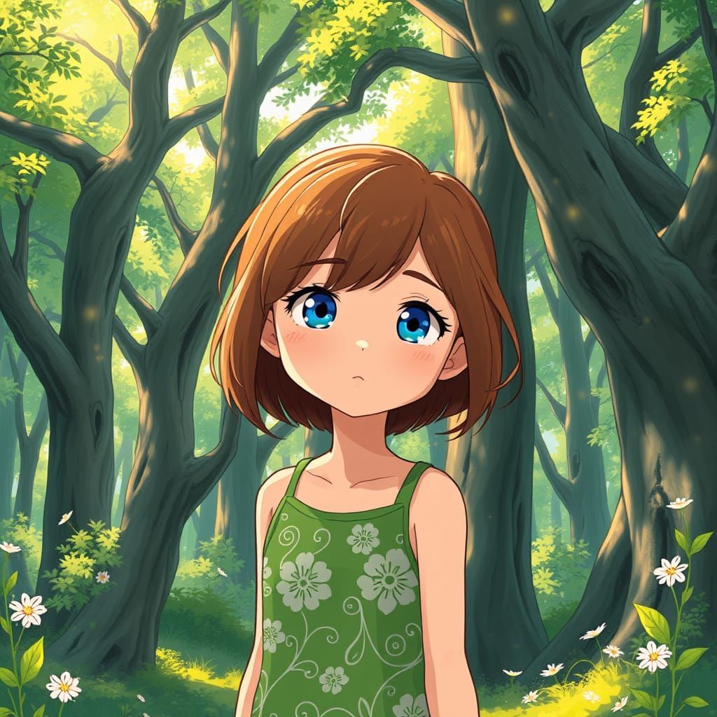 Anime Girl in Whimsical Forest Scene