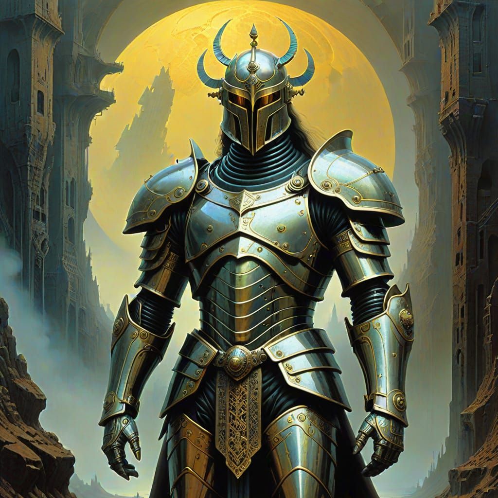 Ethereal Knight in Unyielding Armor with Golden Accents