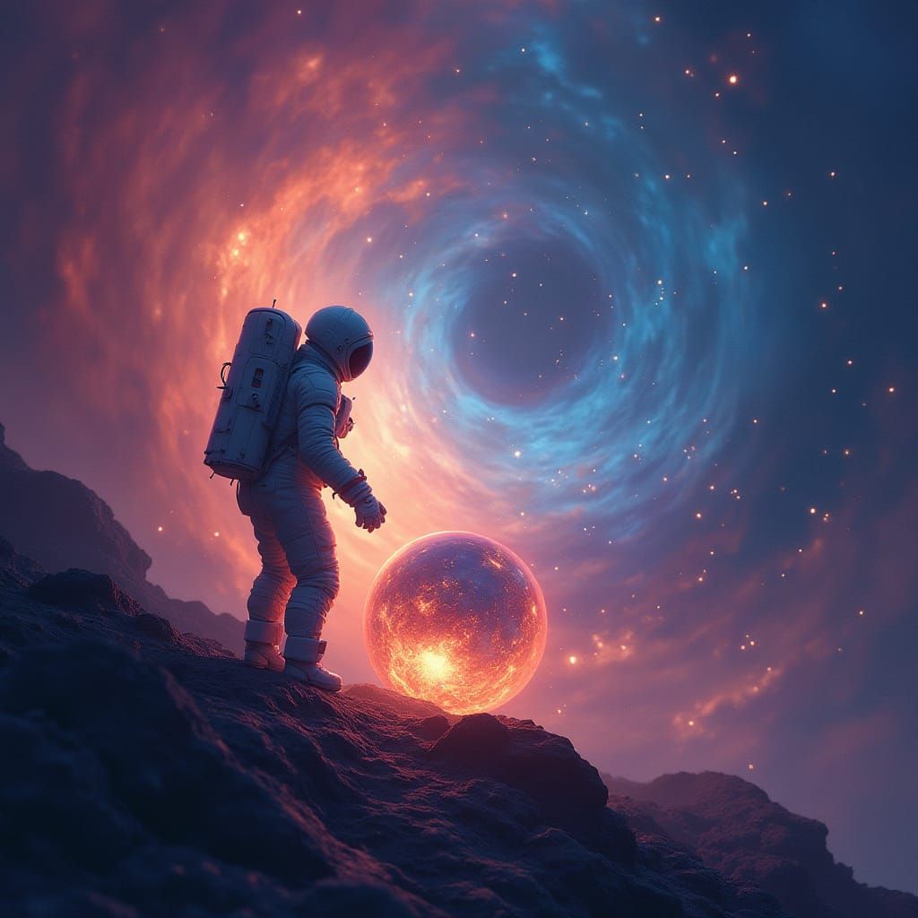 Astronaut and Bioluminescent Cosmic Lantern in Nebula