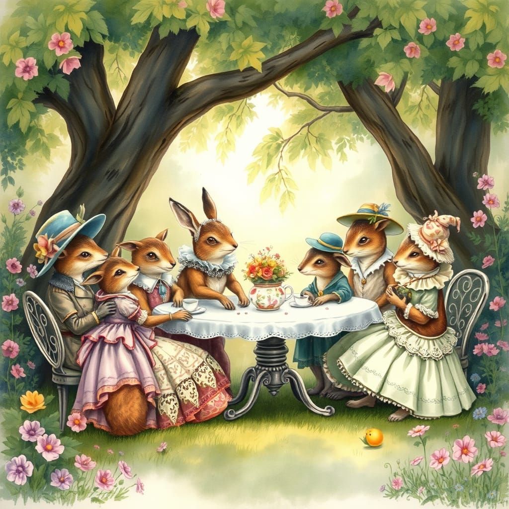 Whimsical Creatures Gather in Enchanted Garden