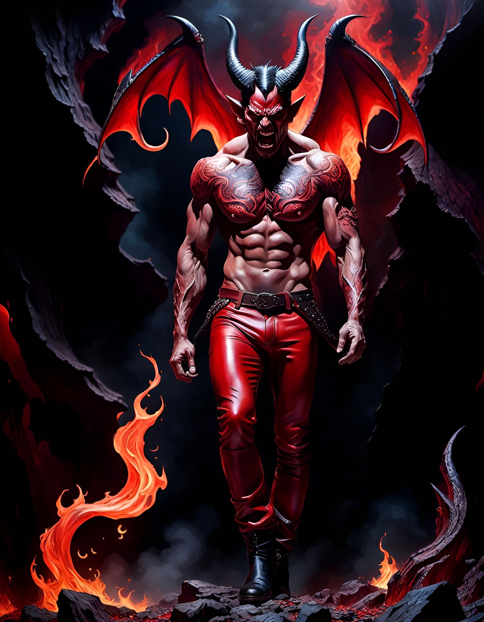 Demon Man Walks Through Hell: Gouache Painting