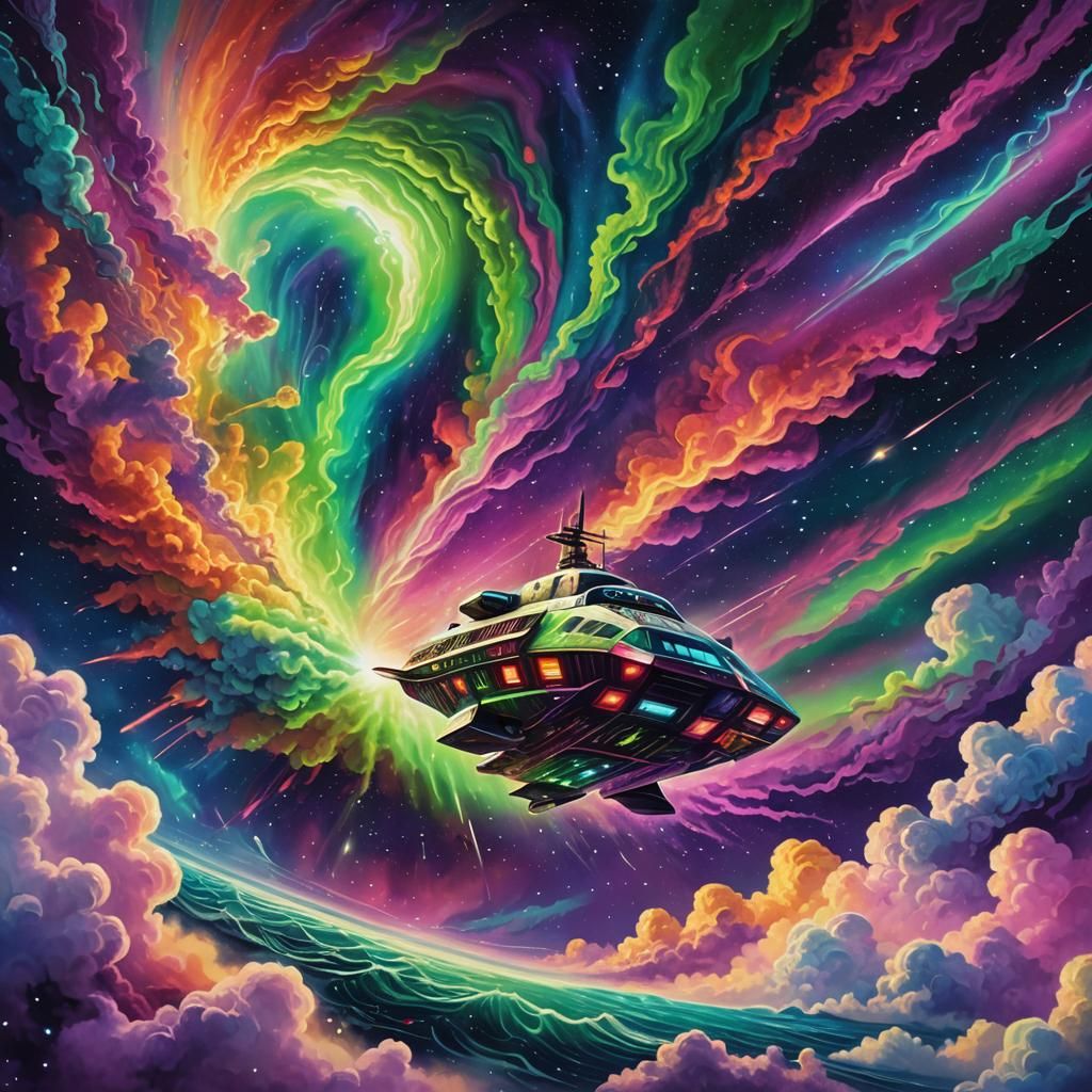 Psychedelic Spaceship in Cosmic Nebula: Digital Art
