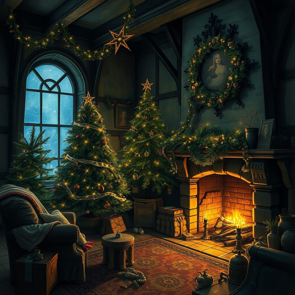Cozy Christmas Scene with Twinkling Lights and Decorated Tre...