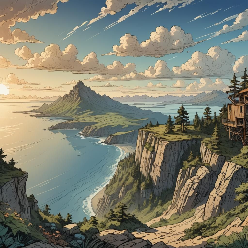 Cliffside View Digital Illustration in Retro Style