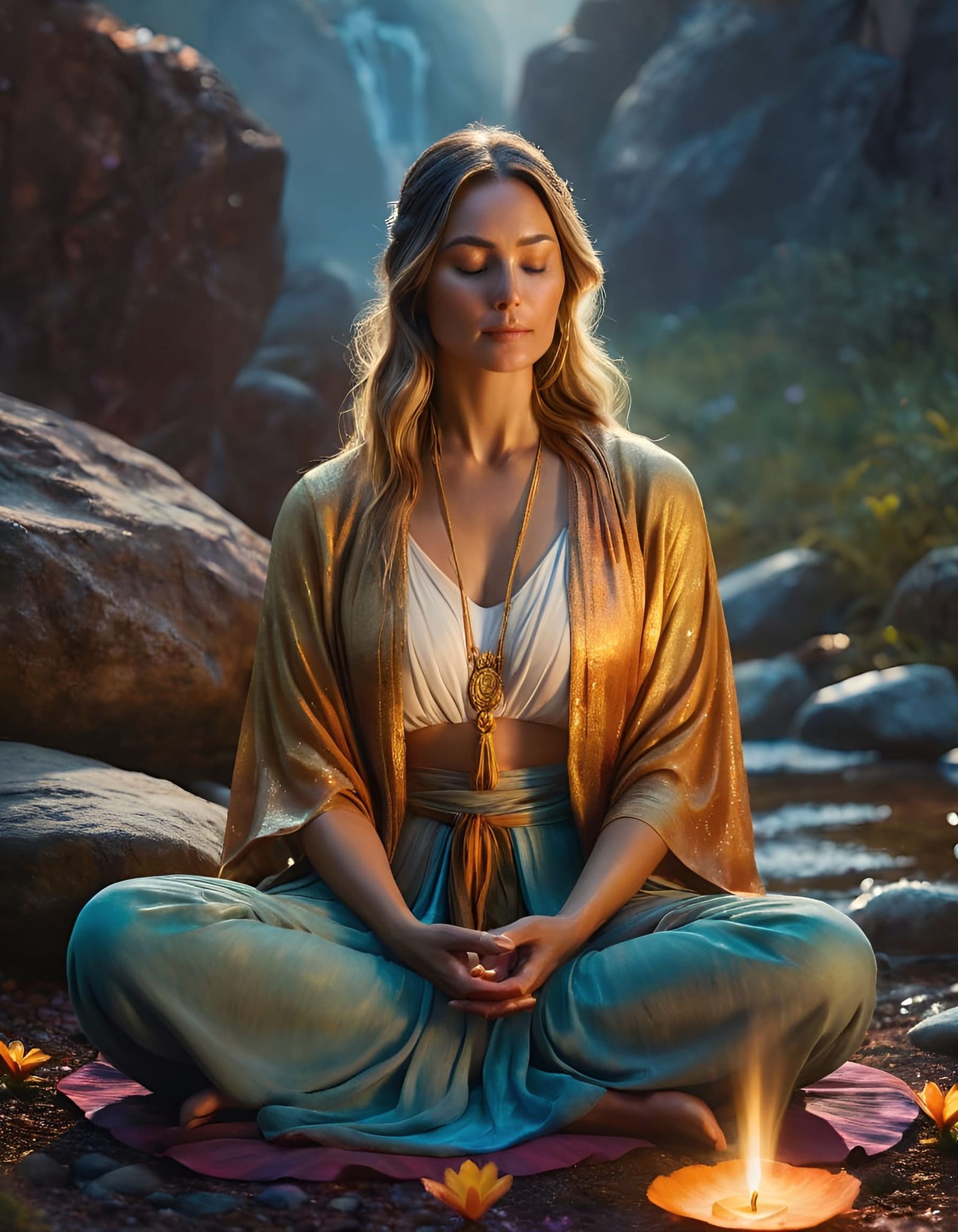 Meditating Woman in Vibrant Triadic Oil Painting