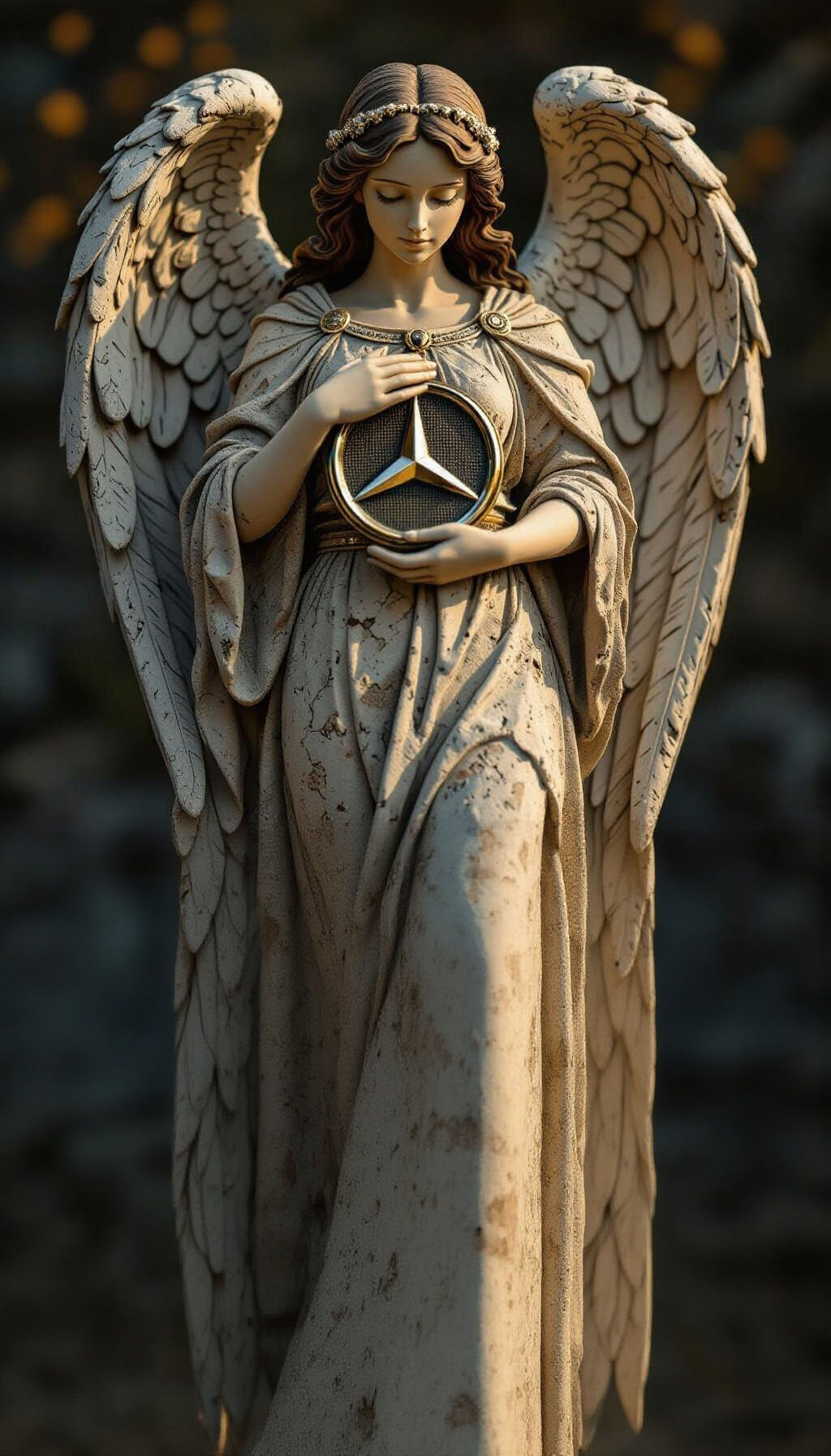 Stone Angel Cradling Mercedes Logo: Digital Art