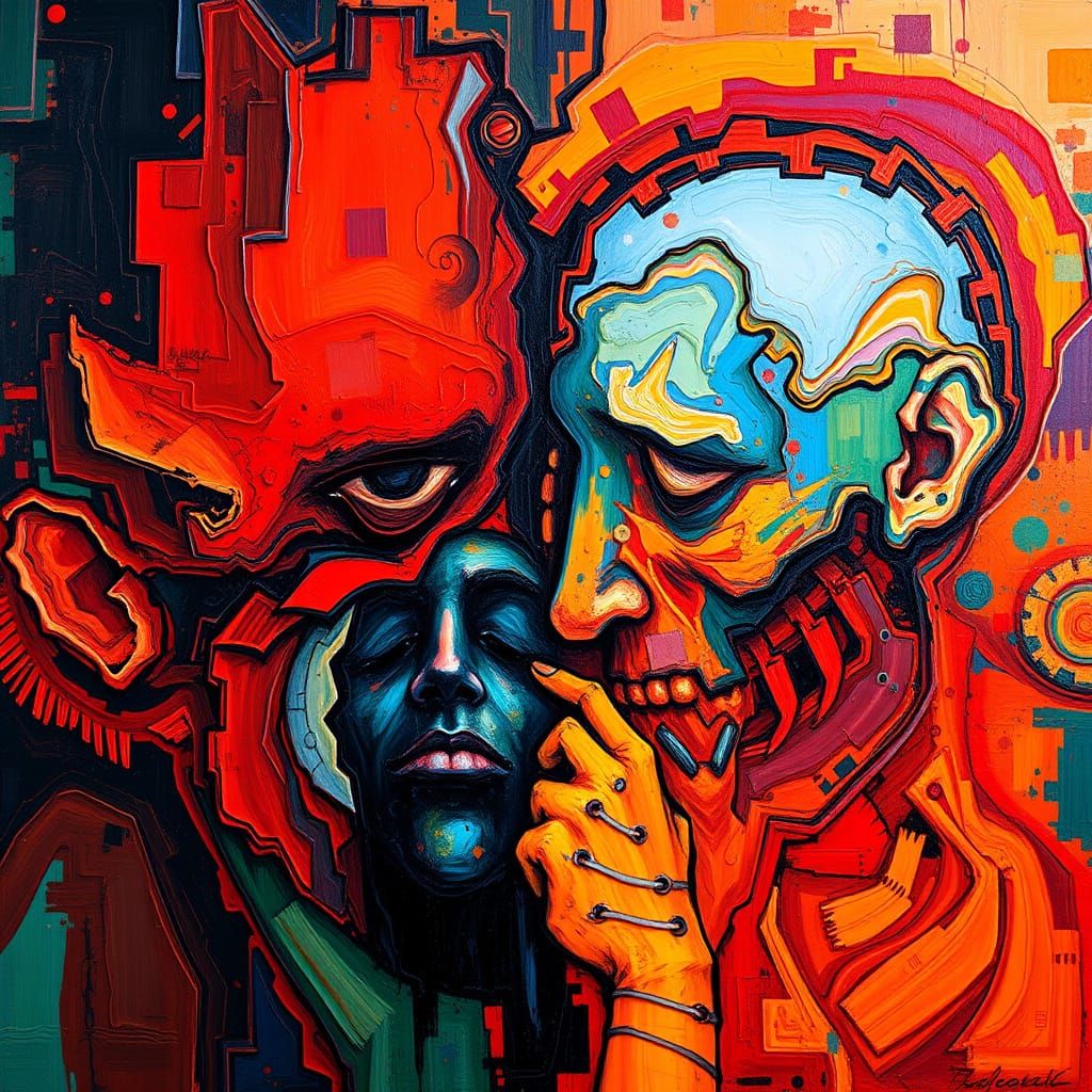 Vibrant Contrasts of Anger and Deception in Abstract Art