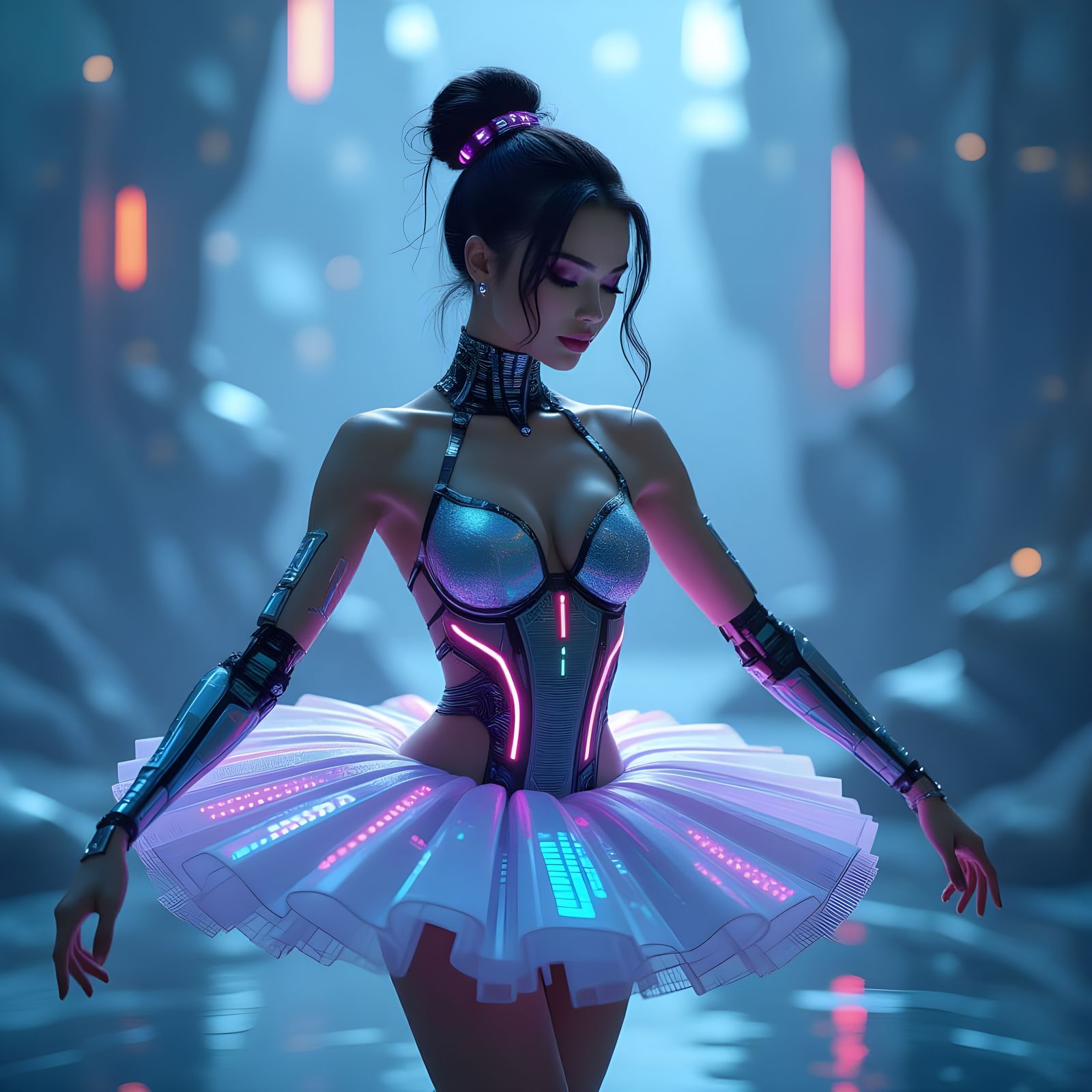 Liquid Crystal Dancer in Cyberpunk Dreamscape