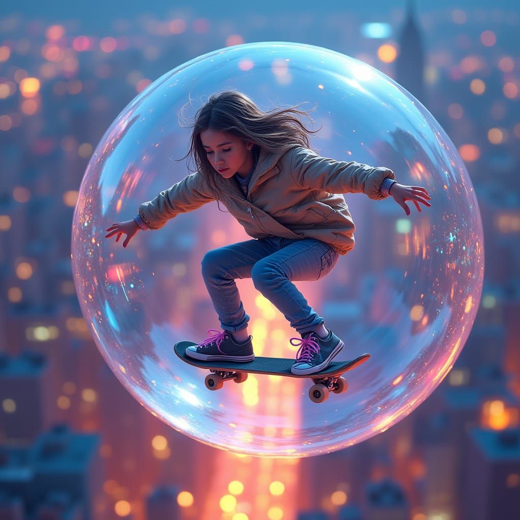 Skater Girl in Bubble Above Cityscape: Fantasy Art