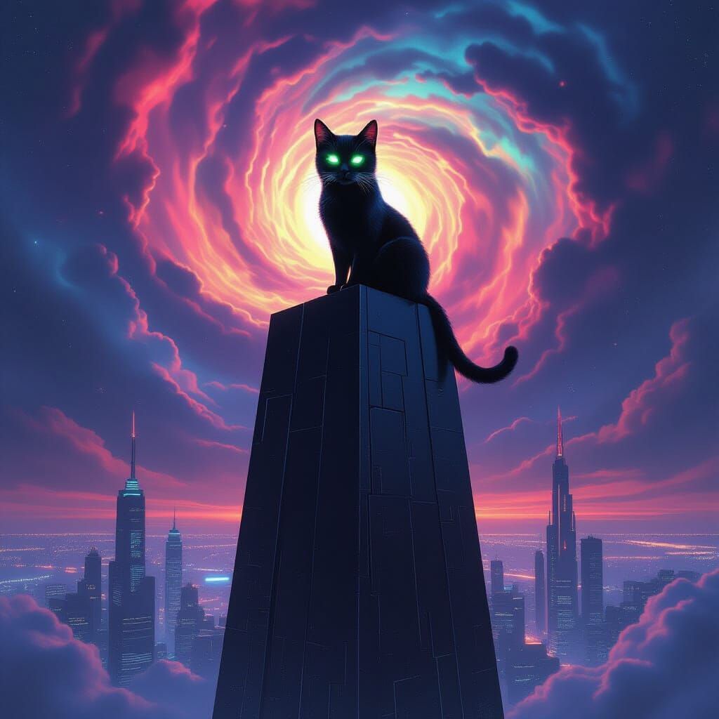 Black Cat on Obsidian Tower Above Neon Metropolis