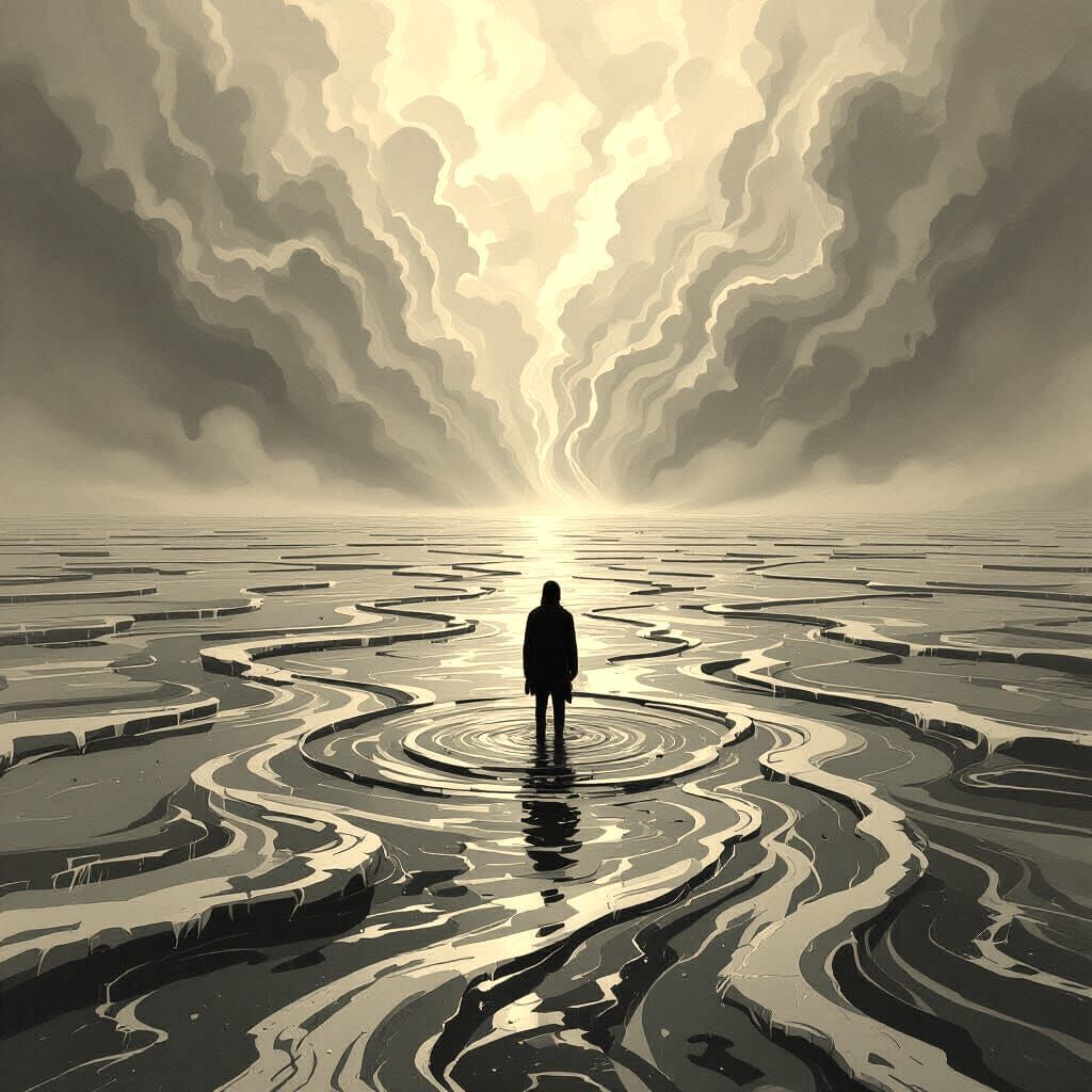 Lone Figure in Endless River Surreal Illustration