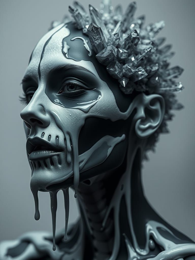 Surreal Crystal Skeleton Portrait with Melting Face