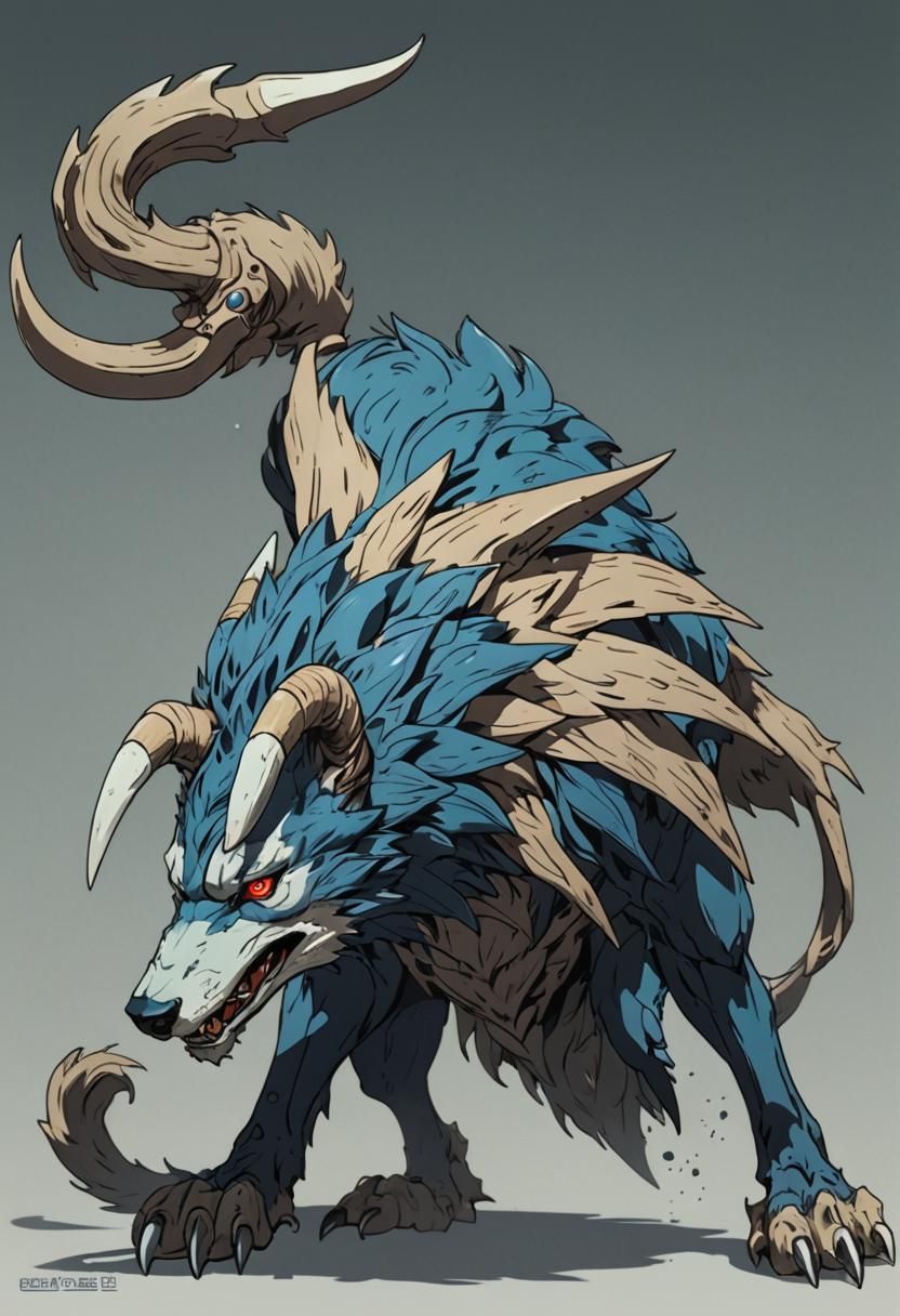 Blue Horned Wolf Monster in Anime Style