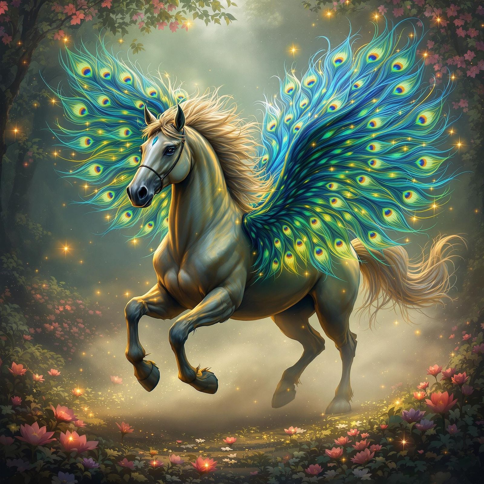 Majestic Silky Horse with Peacock Wings and Tail, in Whimsic...
