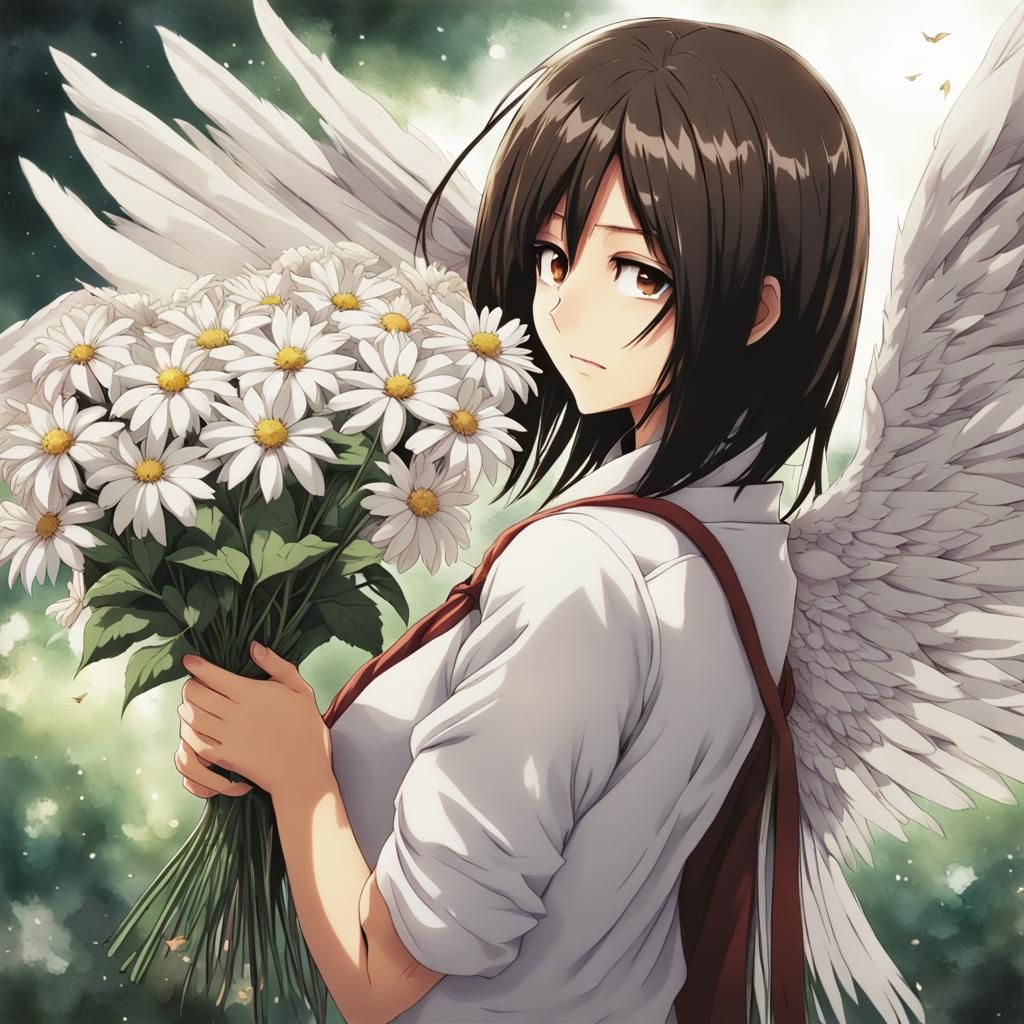 Mikasa Ackerman with Wings and Flowers in Anime Style