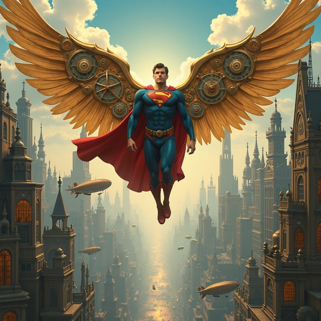 Steampunk Superman Soaring Through Metropolis in Art Nouveau...