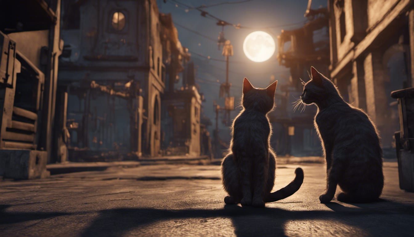 Cats in Shadow Under Moon: 3D Game Cinematic