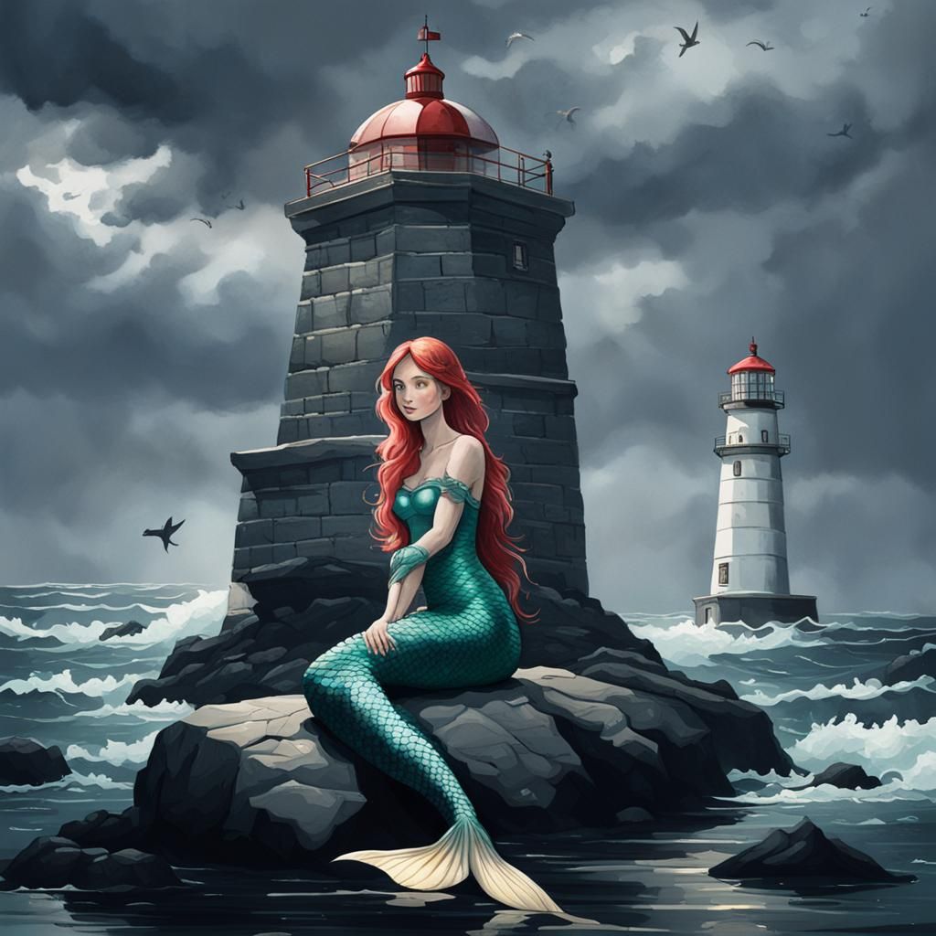 Mermaid on Rocks by Lighthouse on Grey Day