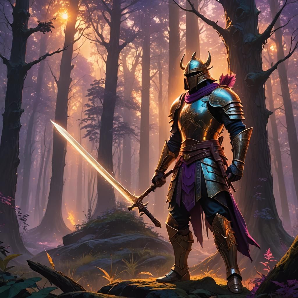 Fantasy Warrior in Mystical Forest: Disney-Inspired Art