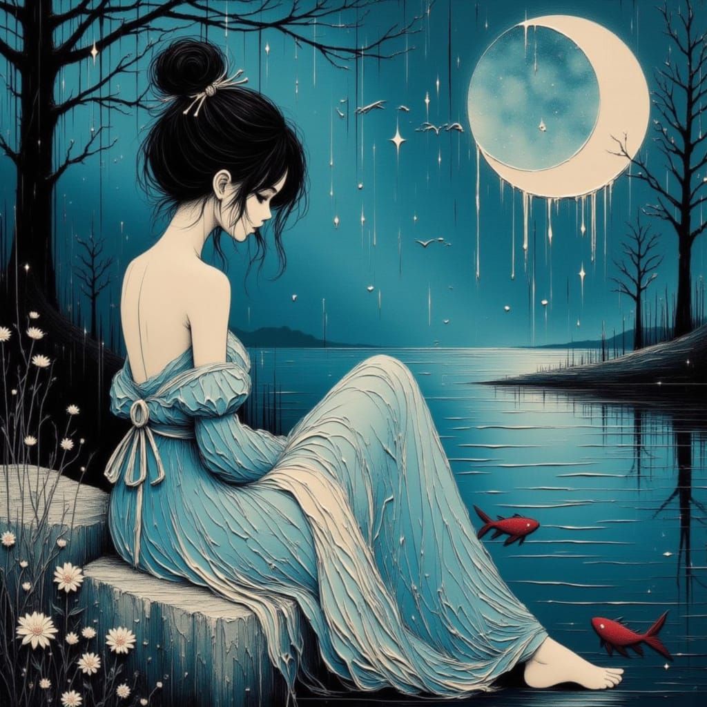Ethereal Japanese Woman by Moonlit Pond