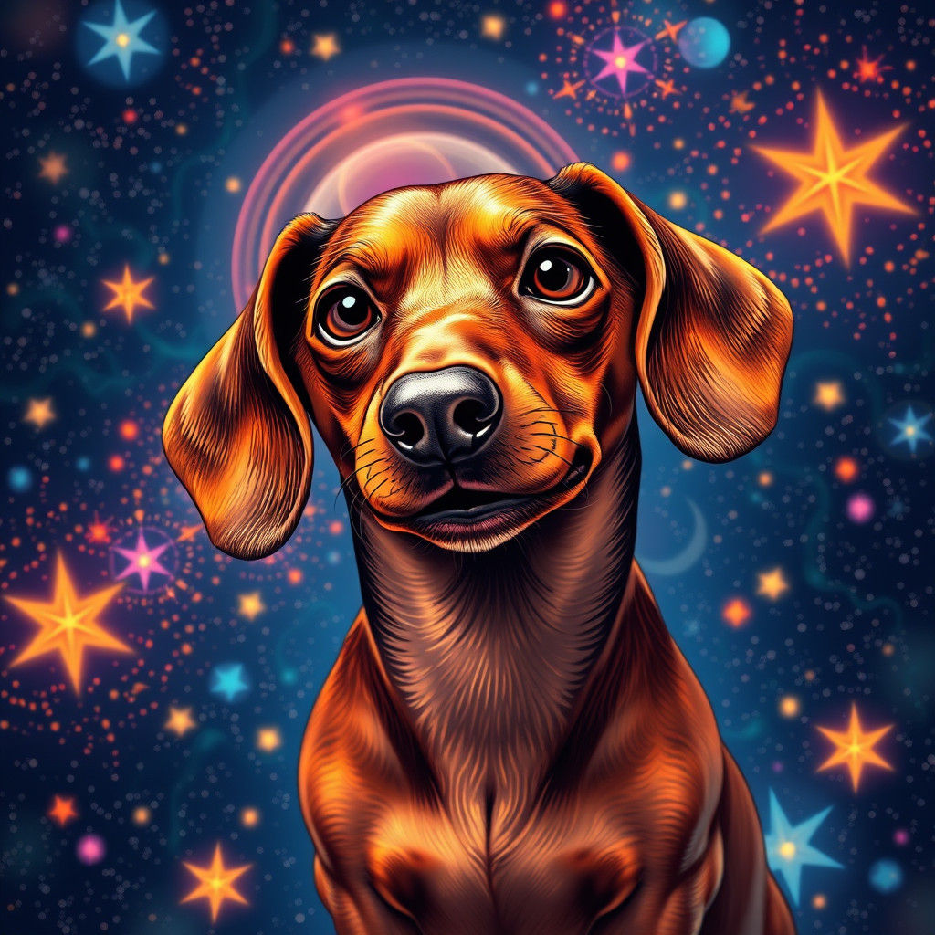 Dachshund Portrait in Dot Work Style with Cosmic Elements