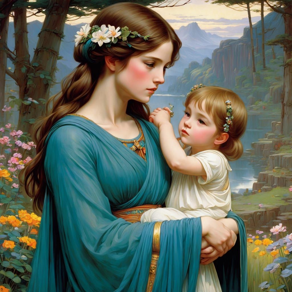 Gentle Motherhood Inspired by Waterhouse and Anime