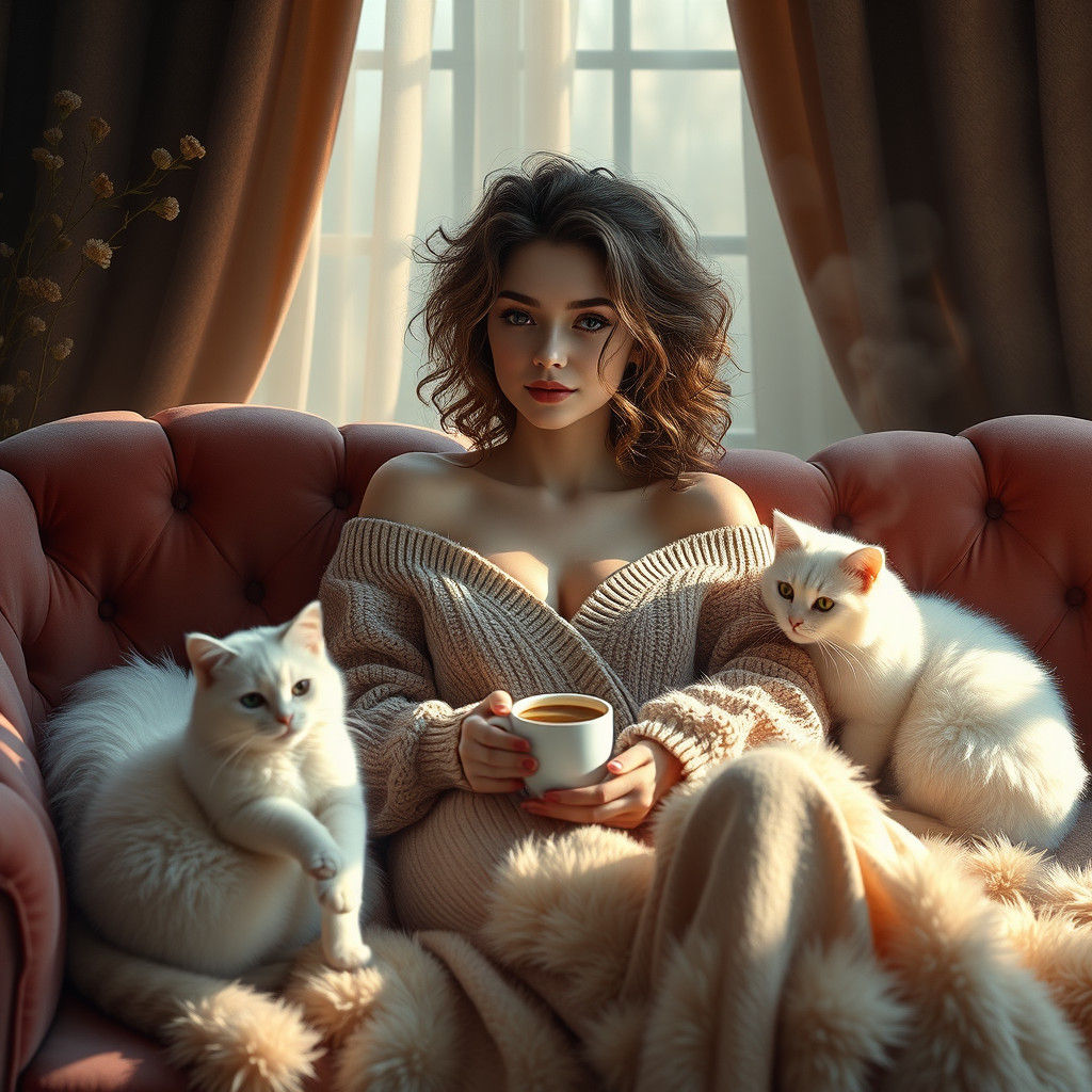 Cozy Woman with Cats in Fantasy Concept Art