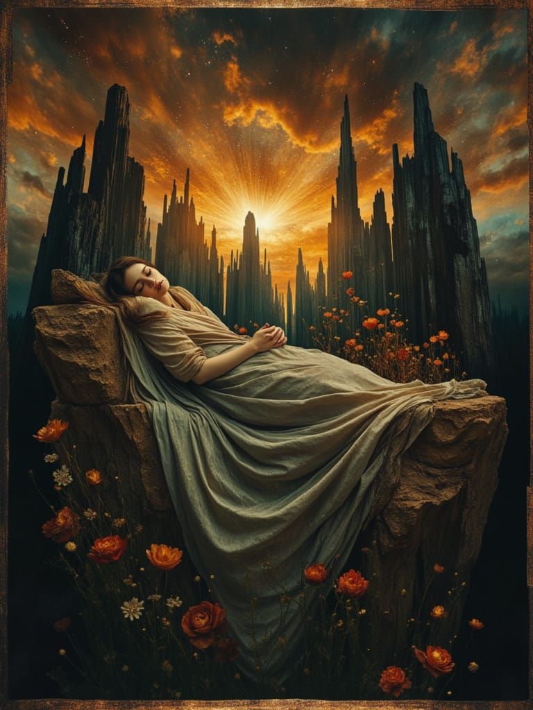 Serene Figure on Fragmented Ledge Amidst Light Abyss