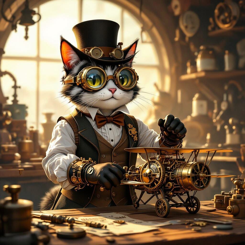 Steampunk Cat Tinkers with Clockwork Airplane