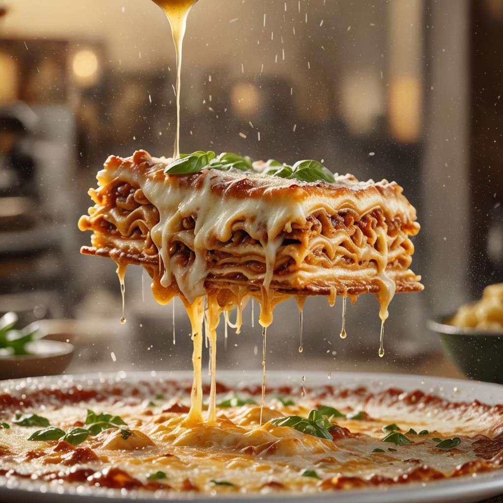 Golden Lasagna Slice in Italian Kitchen: Hyperrealistic Spla...