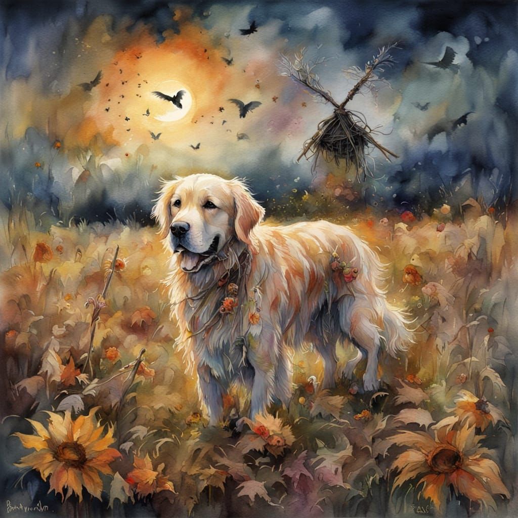 Golden Retriever Barks at Scarecrow in Midnight Field