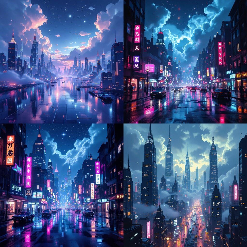 Surreal Midnight Cityscape with Neon Reflections