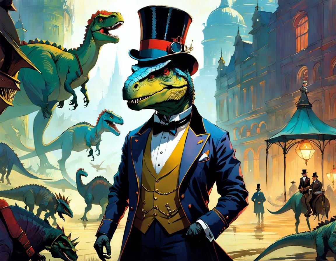 Dinosaur in Top Hat and Monocle: Fantasy Art