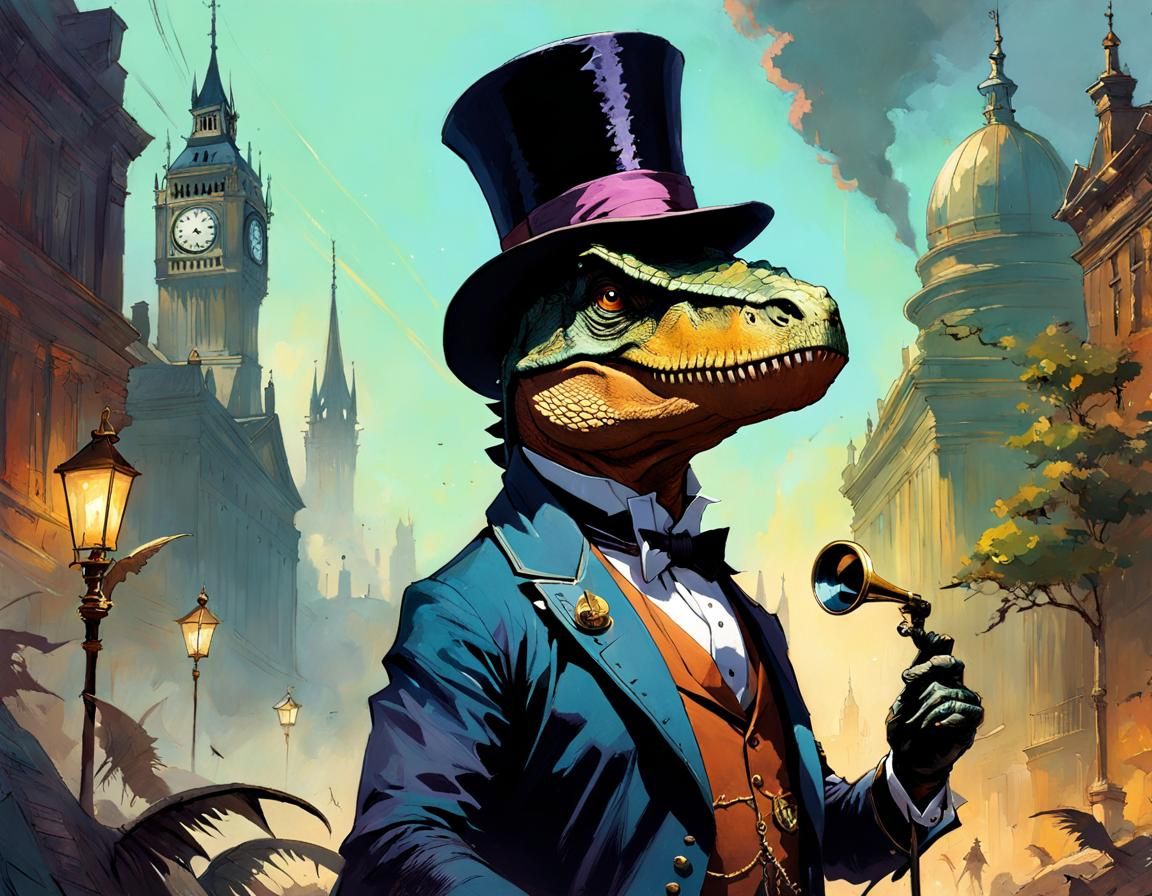 Dinosaur Mayor in Top Hat, Fantasy Art