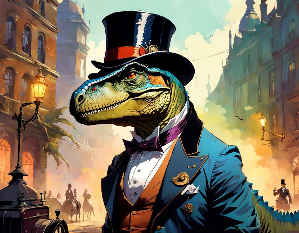 Dinosaur Mayor in Top Hat, Fantasy Art