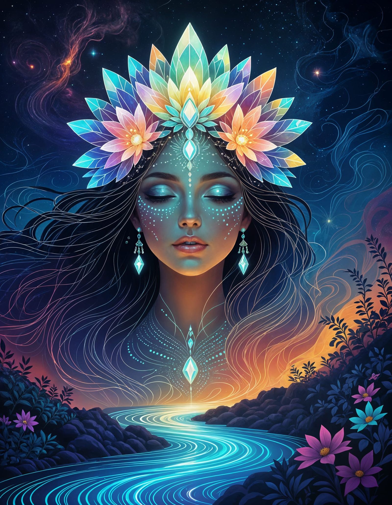 Nebula Maiden with Crystals and Cosmic Flora in Psychedelic ...