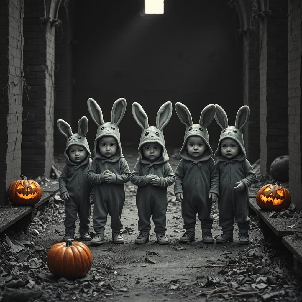 Angry Toddlers in Bunny Suits in Abandoned Ruin
