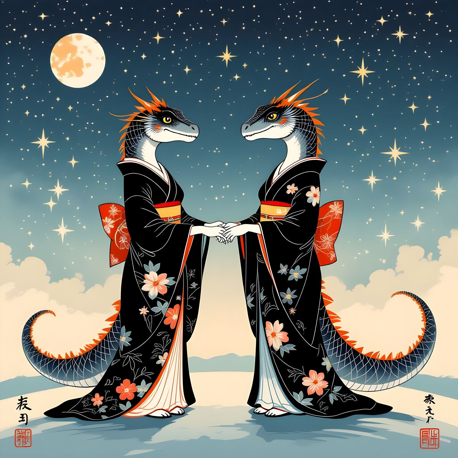 Dinosaurs in Space: Japanese Painting Style