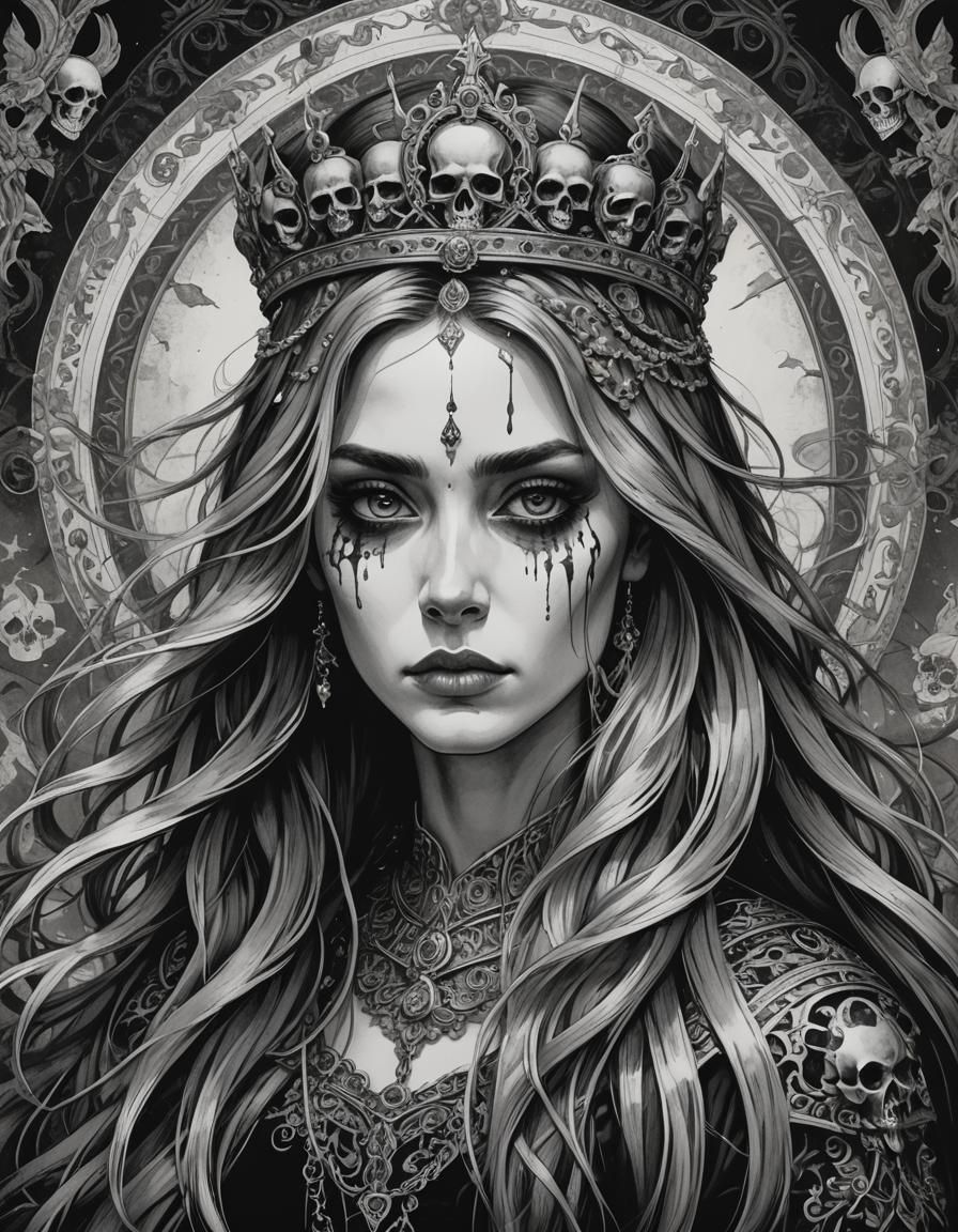 Monochrome Illustration of Woman with Skull Crown