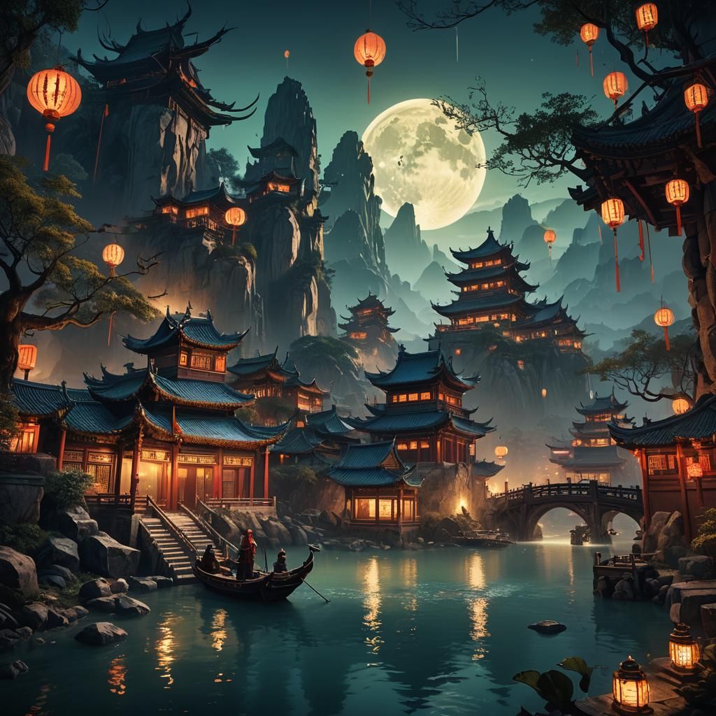 Chinese Lanterns on River at Night