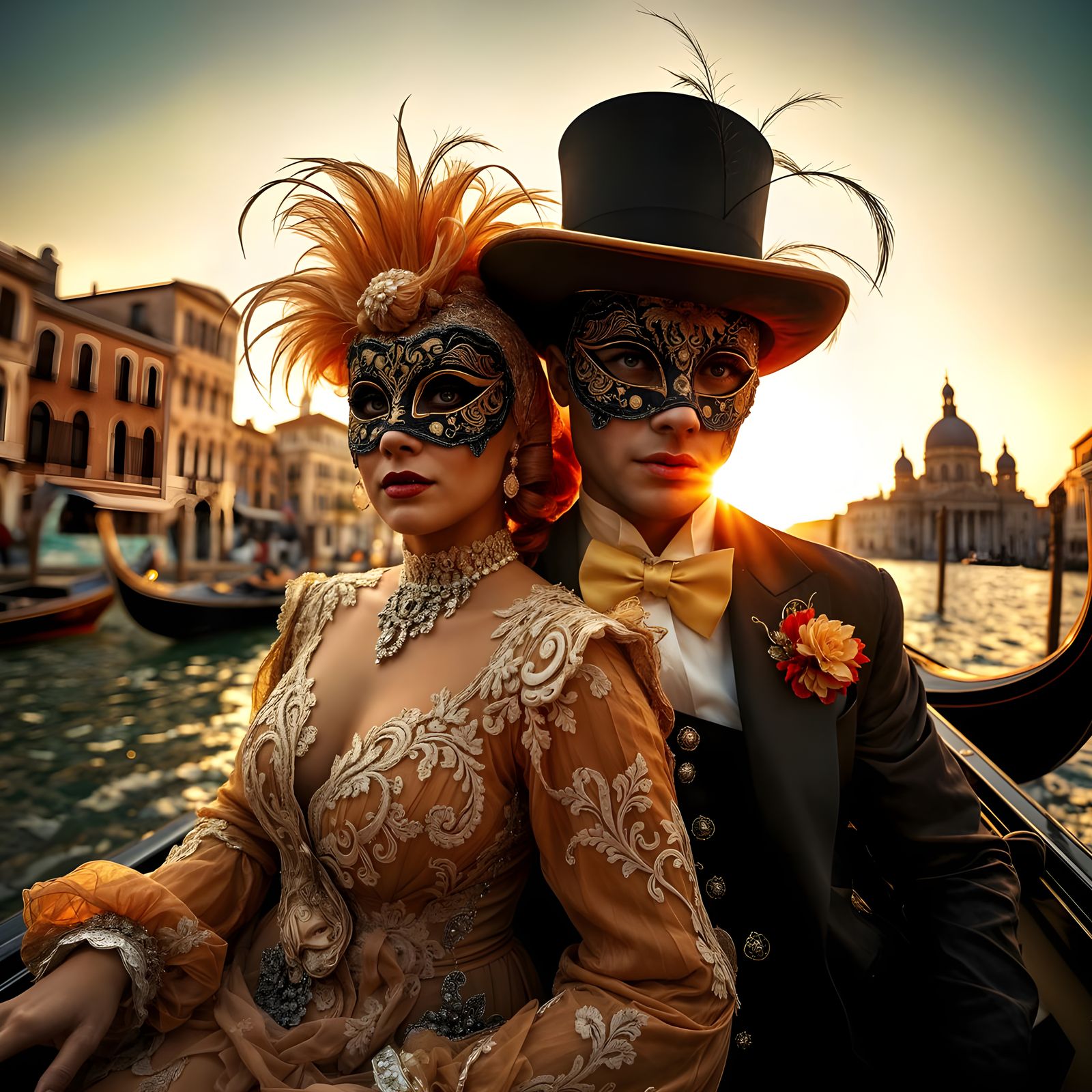 Venetian Carnival Couple in Traditional Masks