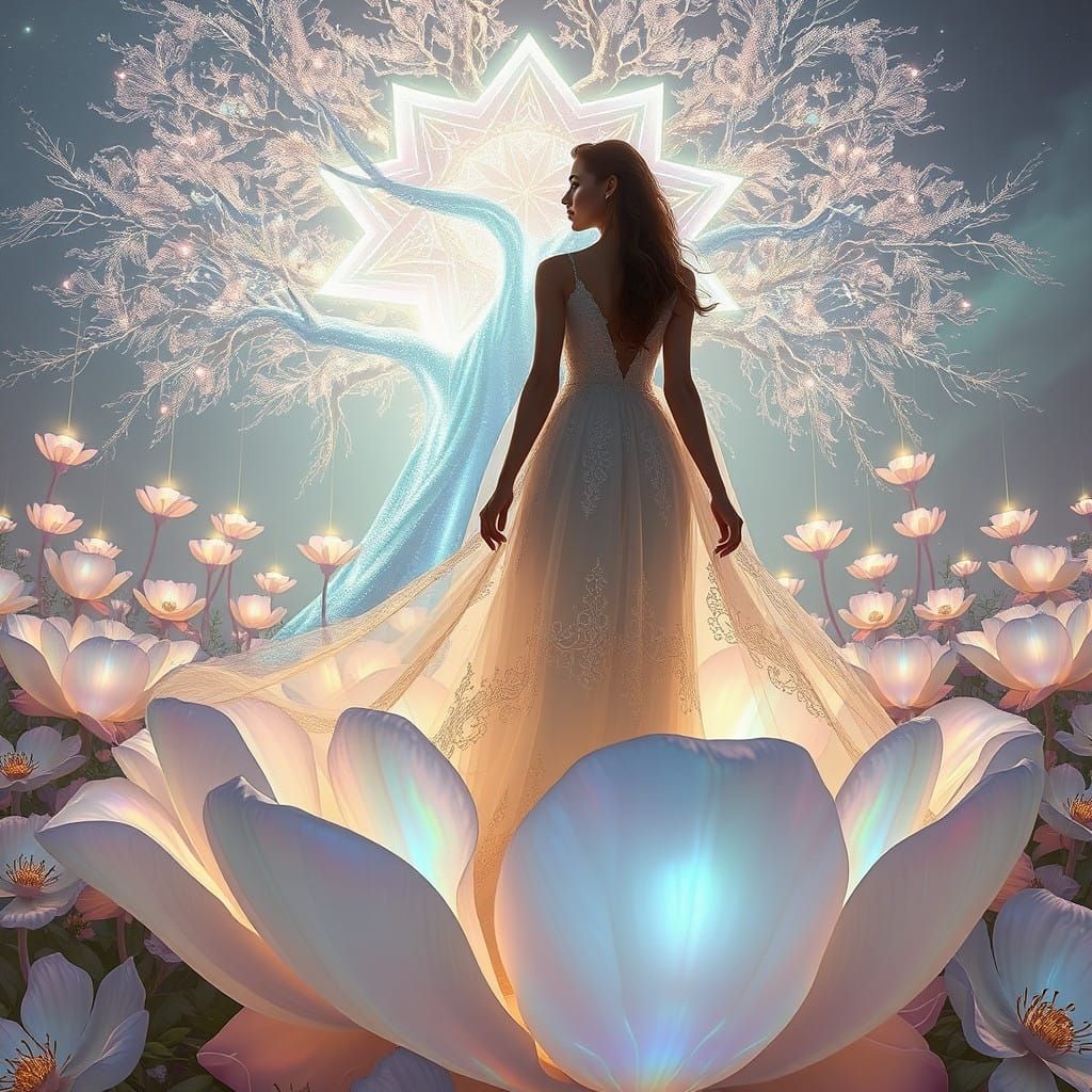 Ethereal Goddess on a Shimmering Celestial Garden