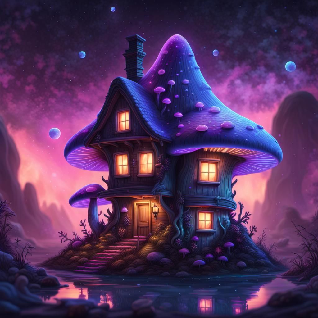 Neon Mushroom Galaxy House with Bioluminescent Lights