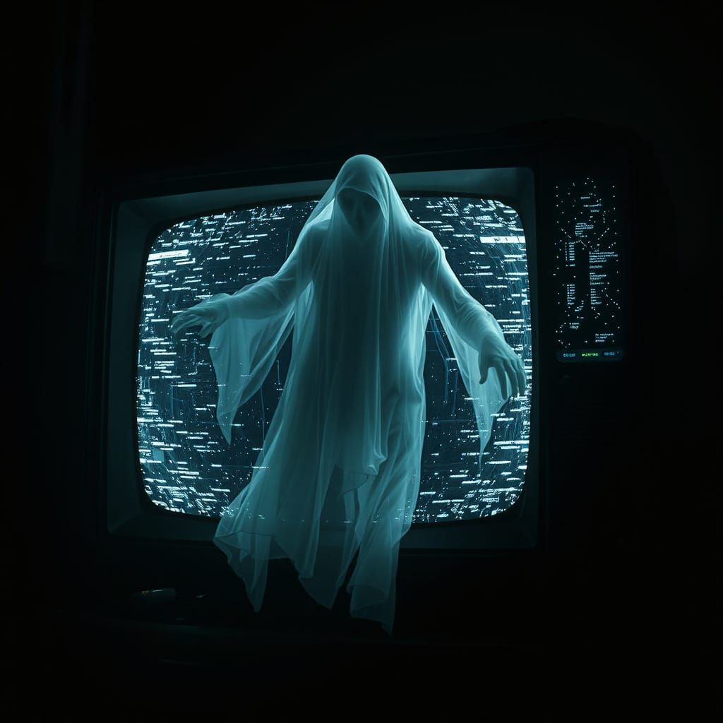 Ghostly Figure Causes TV Static in Dark Fantasy Style